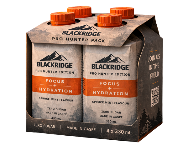 Pack of Blackridge Pro Hunter Edition drinks with spruce mint flavor on a white background