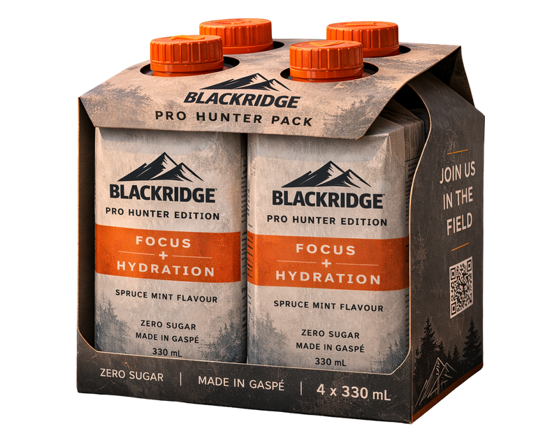 Pack of Blackridge Pro Hunter Edition drinks with spruce mint flavor on a white background