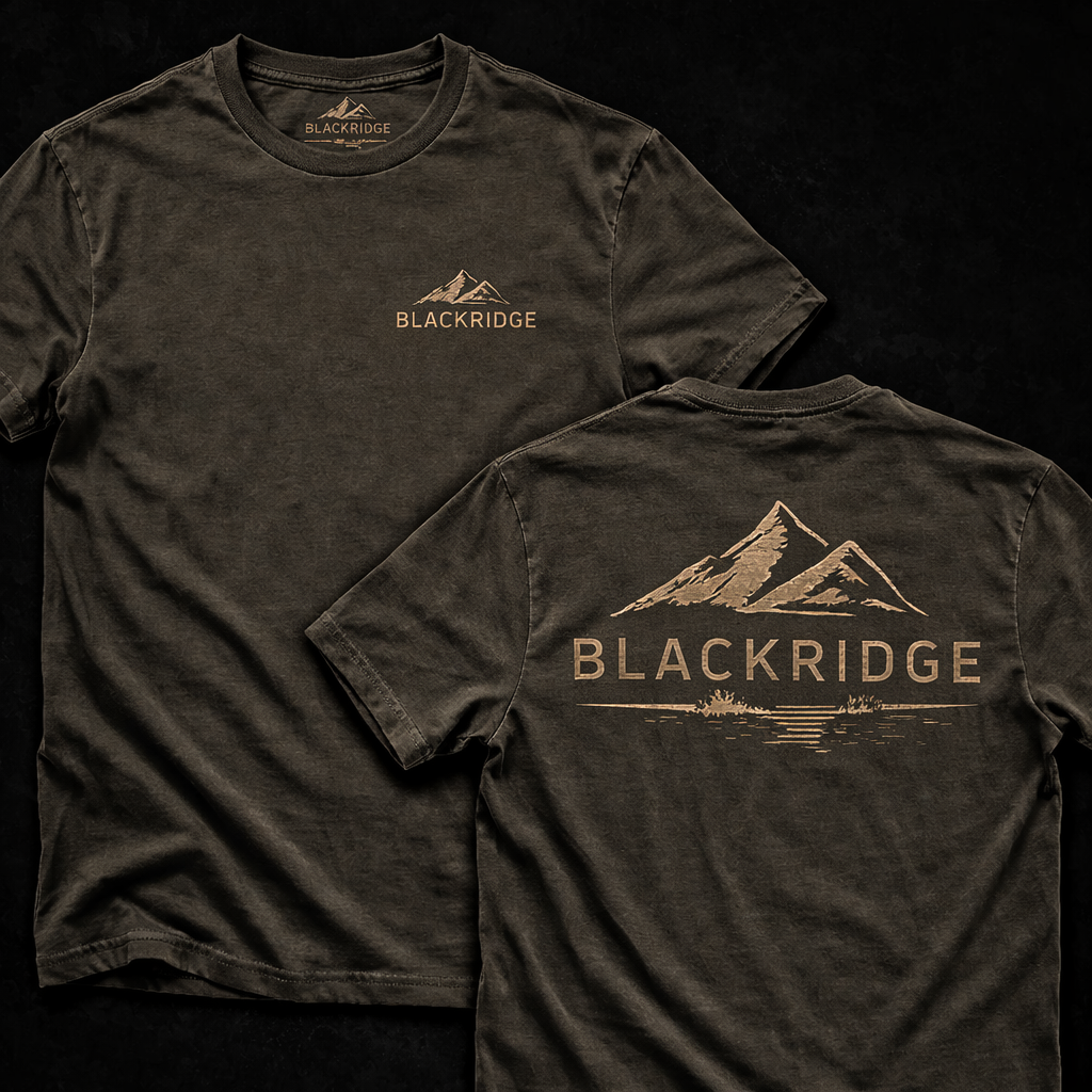Black t-shirt with 'Blackridge' logo on front and back against a black background