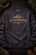 Dark gray sweatshirt with 'Blackridge' logo on a dark background