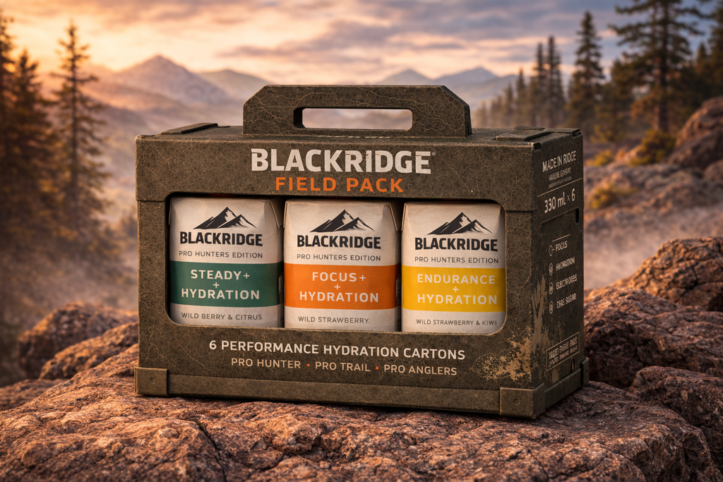 Blackridge Field Pack with performance hydration cartons against a mountainous landscape.