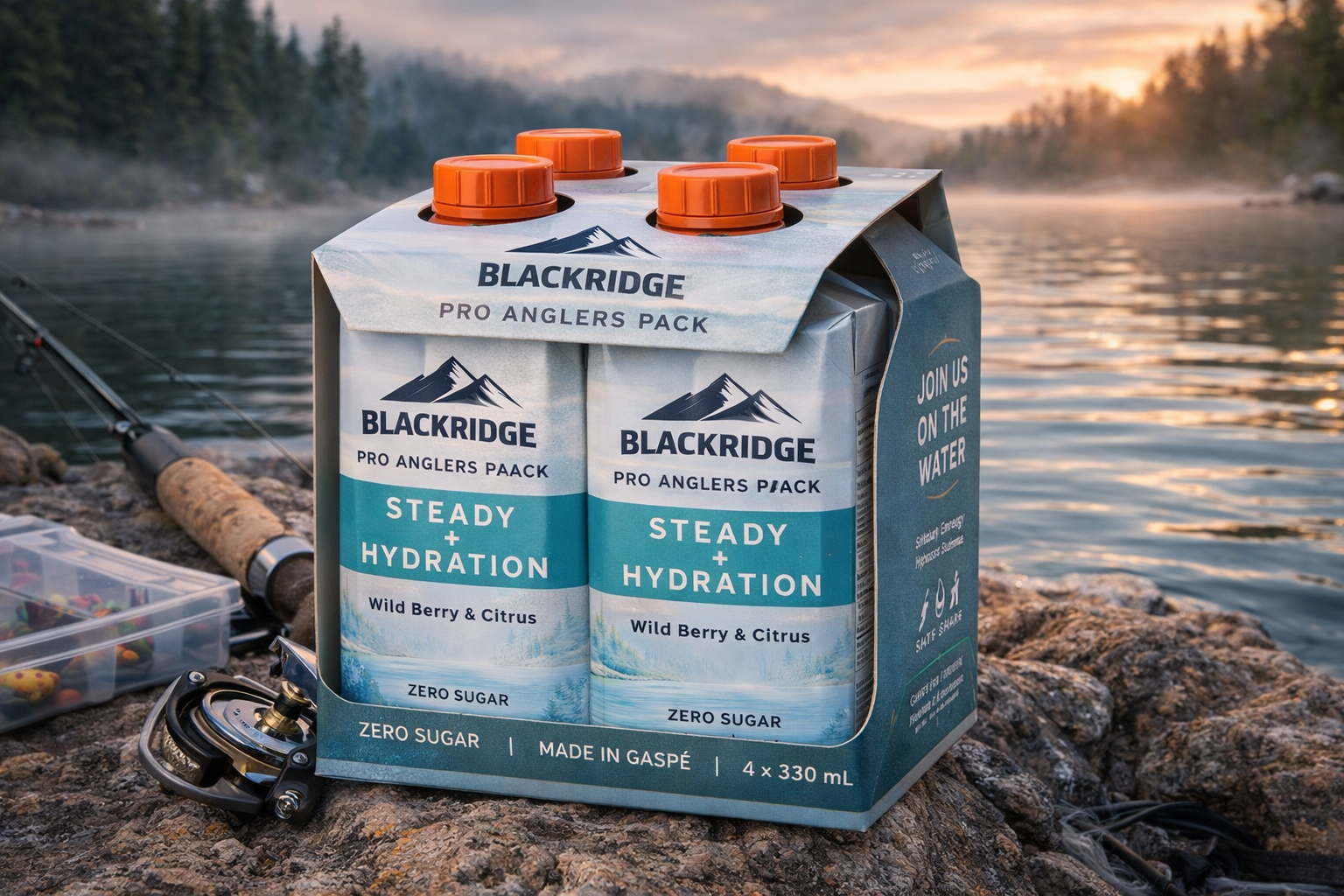 Pack of Blackridge hydration drinks by a lake with fishing equipment.