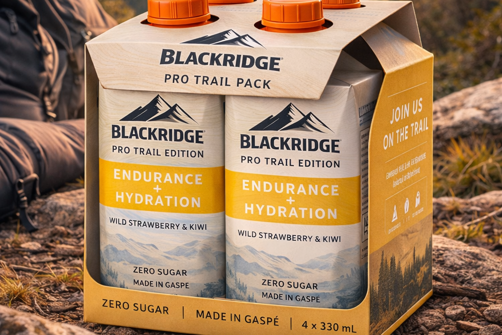 Blackridge endurance and hydration drinks in a packaging on a mountain background