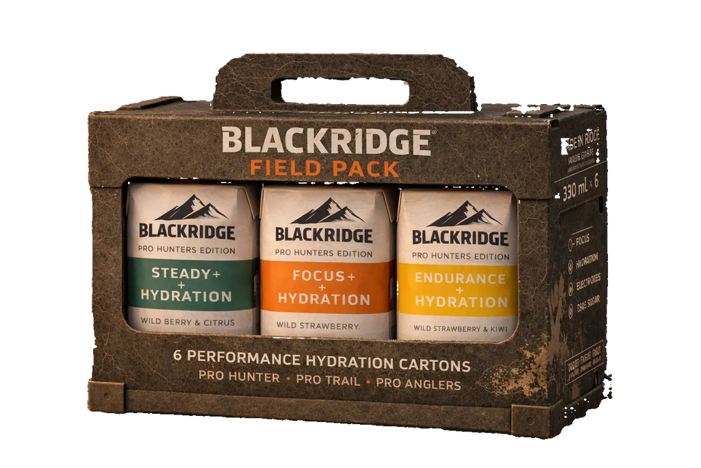 Blackridge Field Pack with six performance hydration cartons on a white background