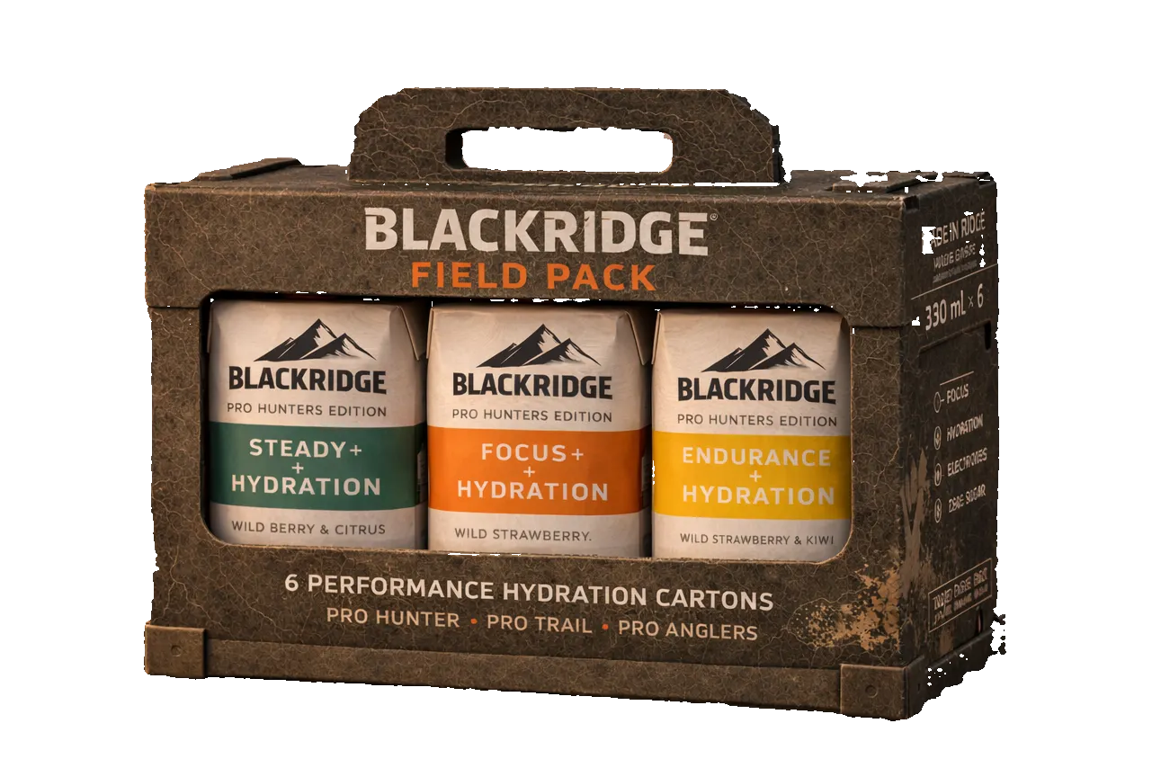 Blackridge Field Pack with six performance hydration cartons on a white background