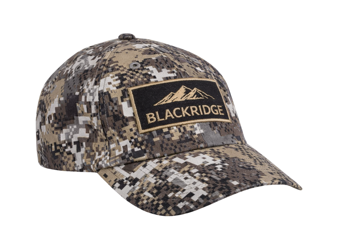 Camouflage baseball cap with Blackridge logo on a white background