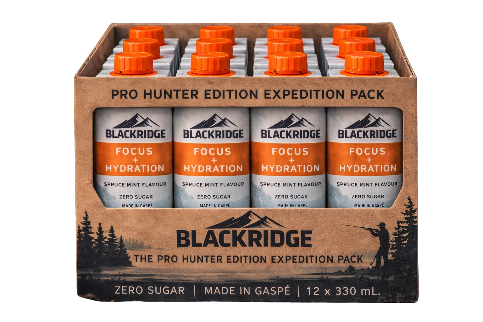 Box of Blackridge focus and hydration drinks with orange caps on a white background