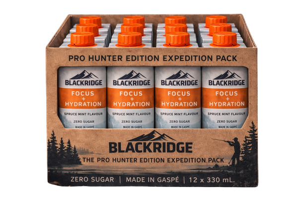 Box of Blackridge focus and hydration drinks with orange caps on a white background
