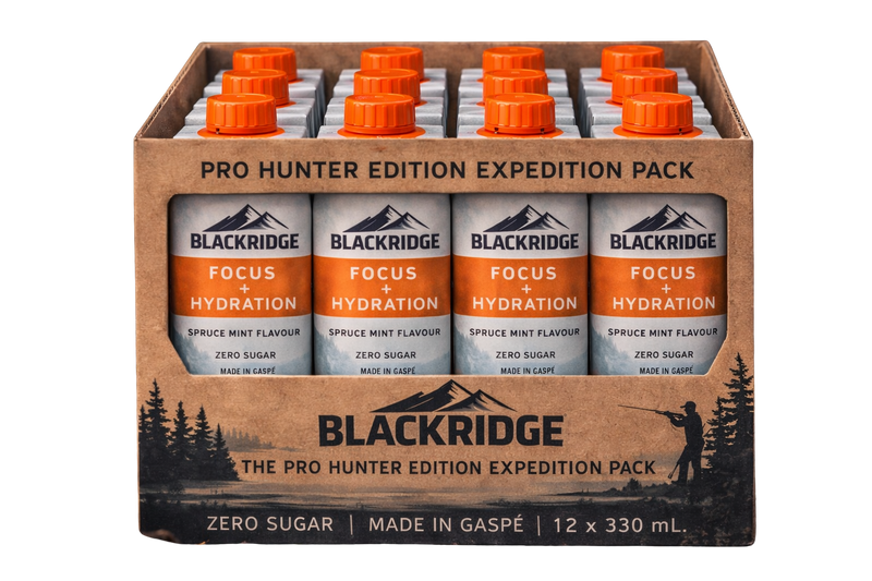 Box of Blackridge focus and hydration drinks with orange caps on a white background