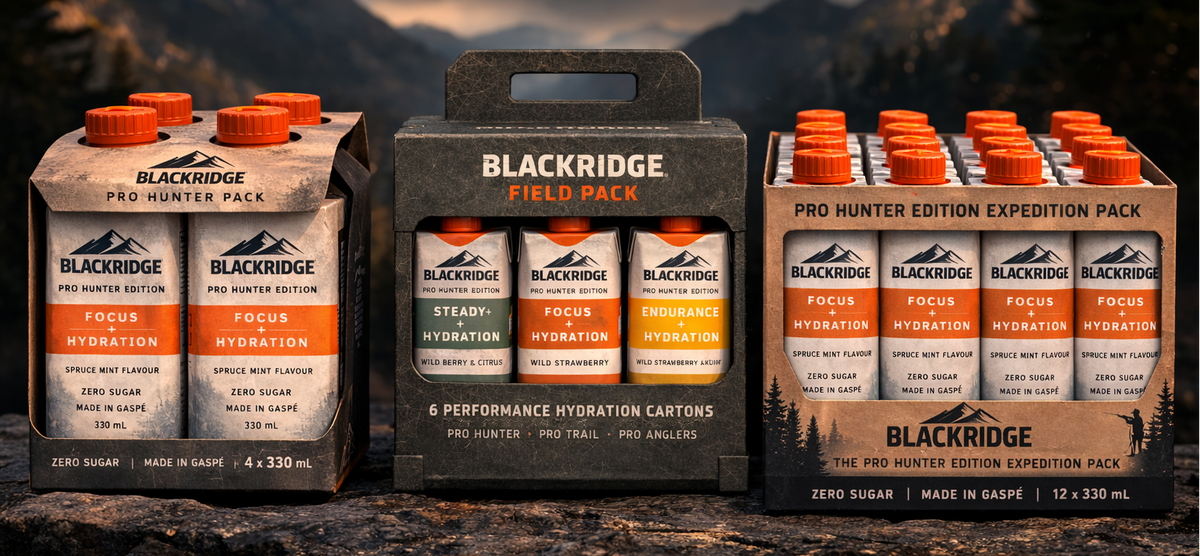 Blackridge hydration packs displayed against a mountainous background